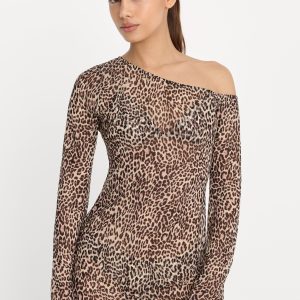 Print Mesh Asymmetric Long Sleeve Mini Dress